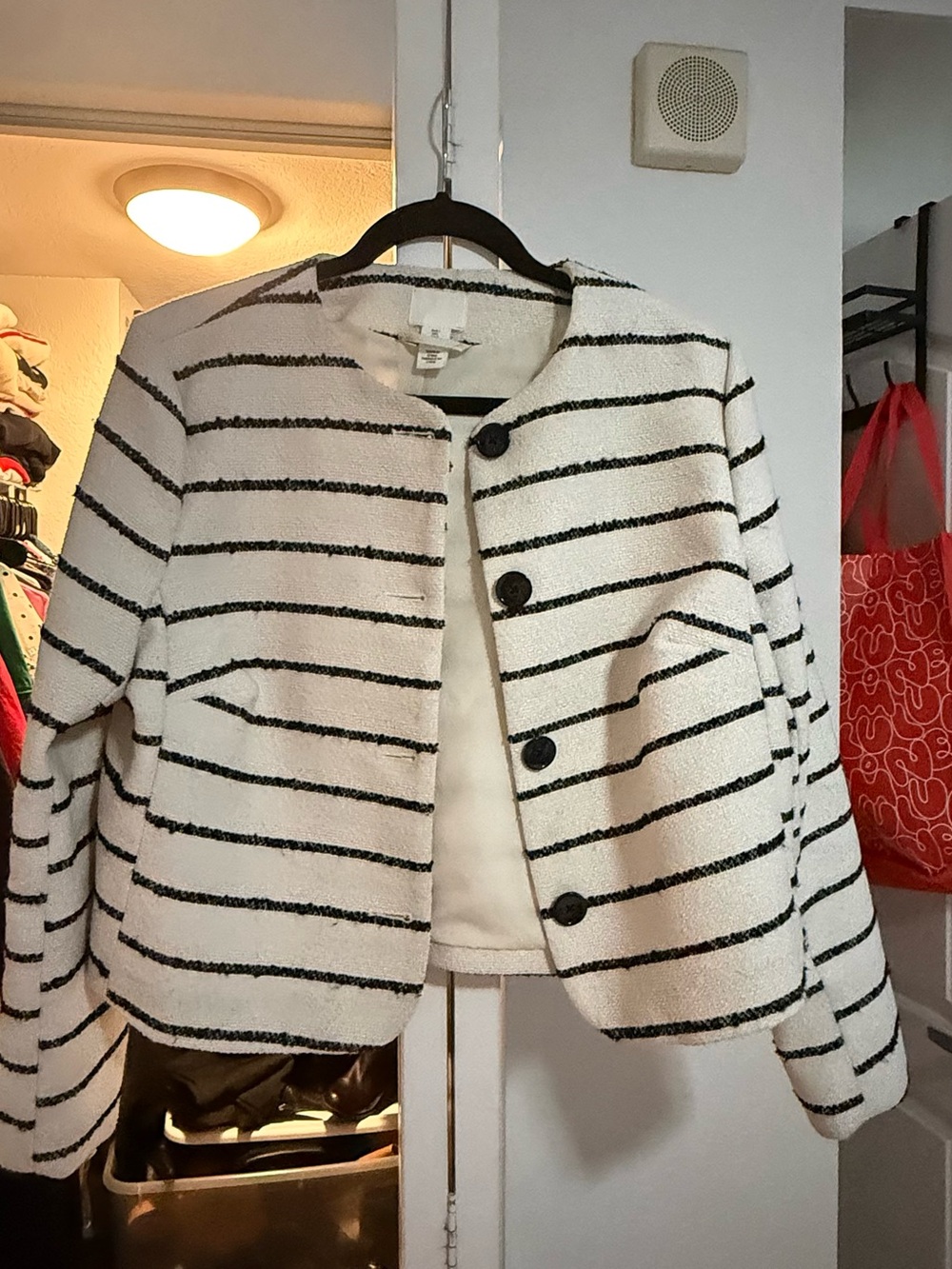 H&M White Bouclé Jacket with Black Stripes